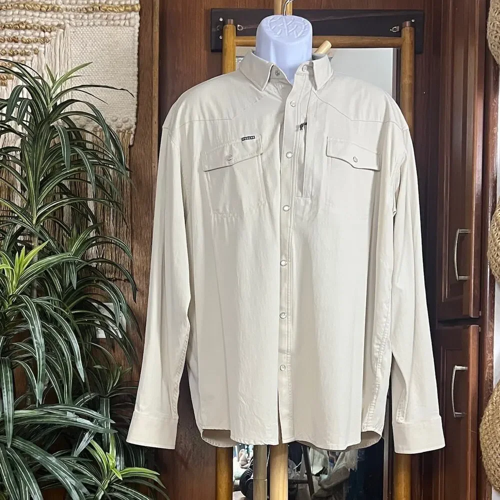Poncho Pecos Pearl Snap Shirt Mens XL L/S Khaki Tan Western Fishing Performance - Picture 2 of 16
